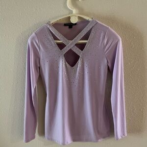 Boston Proper Embellished Strappy Keyhole Long Sleeve Top Lavender Women…